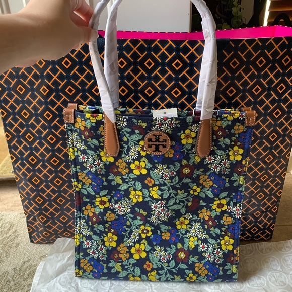 Tory Burch Handbags - Tory Burch Black Friday Printed Canvas NS Tote Bag Blue Green Yellow Floral